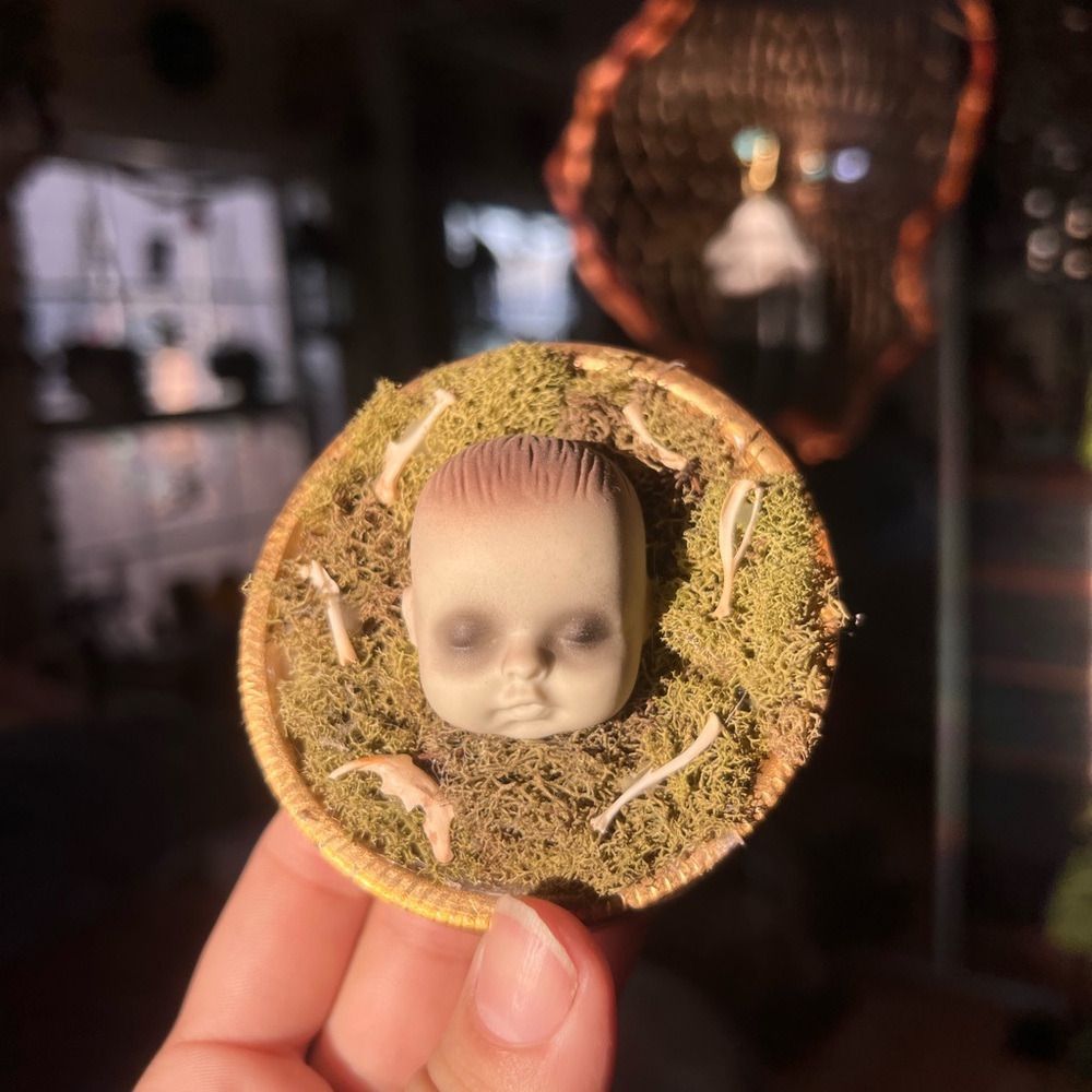 Unique Moss and Doll Head Art Piece